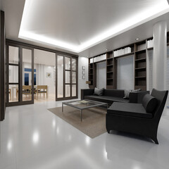 Home decor. Living room. Stylish interior 3D render. Modern apartment 3D illustration.