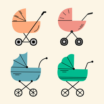 Baby pram, buggy, carriage collection. Newborn stroller. Vector illustration.