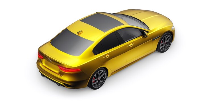 Paris, France. February 3, 2022: Jaguar XE R Dynamic 2020. Yellow Premium sports sedan. 3D illustration