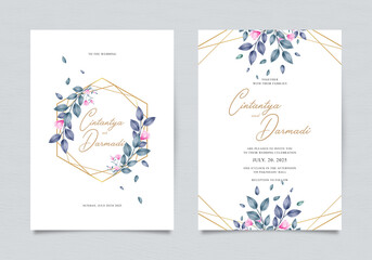 Elegant wedding invitation template with foliage decoration and golden geometric frame
