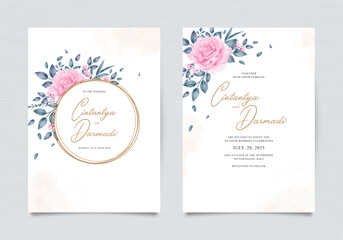 Elegant wedding invitation template with beautiful roses and leaves