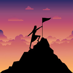 Silhouette of businesswoman holding a flag on top mountain