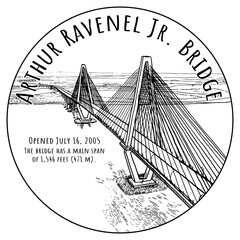Naklejka premium Black and white drawing of the Arthur Ravenel Jr Bridge – one of the tourists landmarks located in Charleston.