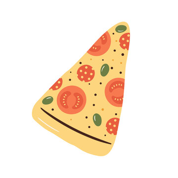 Slice of pizza with tomato, olives and sausages. Traditional Italian food element. Fast food snack doodle vector illustration