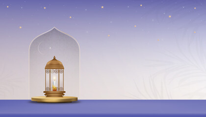 Islamic Podium with Traditional lantern with Crescent moon and Star on purple background, Vector Backdrop banner of Religion of Muslim Symbolic,Eid ul fitr, Ramadan Kareem,Eid al Adha,Eid Mubarak - obrazy, fototapety, plakaty