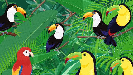 トロピカルな鳥と植物の風景_ジャングルの背景イラスト_16:9