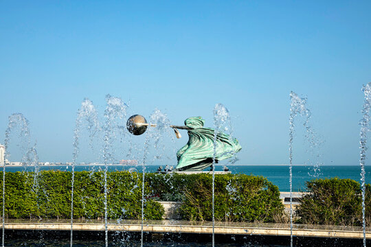 Doha, Qatar- March 2021 : The Force Of Nature statue by Lorenzo Quinn at Katara Cultural Village, Doha, Qatar