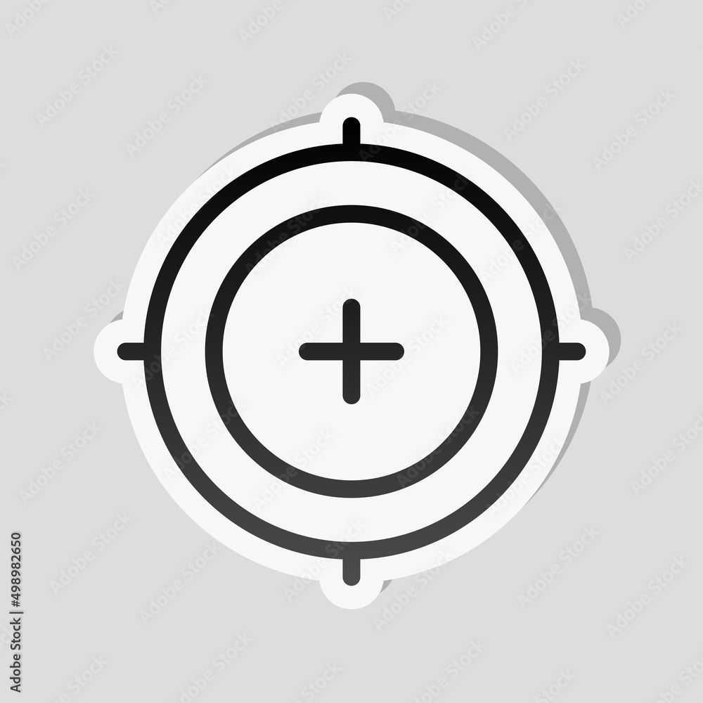 Poster target, focus on the objective, simple icon. linear sticker, white border and simple shadow on gray 