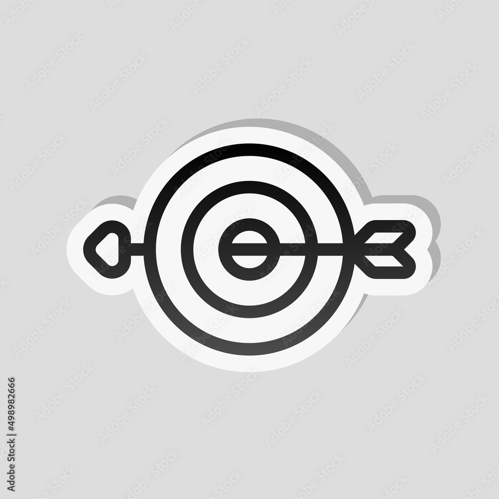 Poster target with arrow, focus on the objective, dart game, simple icon. linear sticker, white border and 