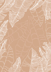 Card template with linear tropical leaves. Hand drawn vector illustration on beige background.
