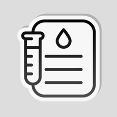 Test tube with blood, medical logo, simple icon. Linear sticker, white border and simple shadow on gray background