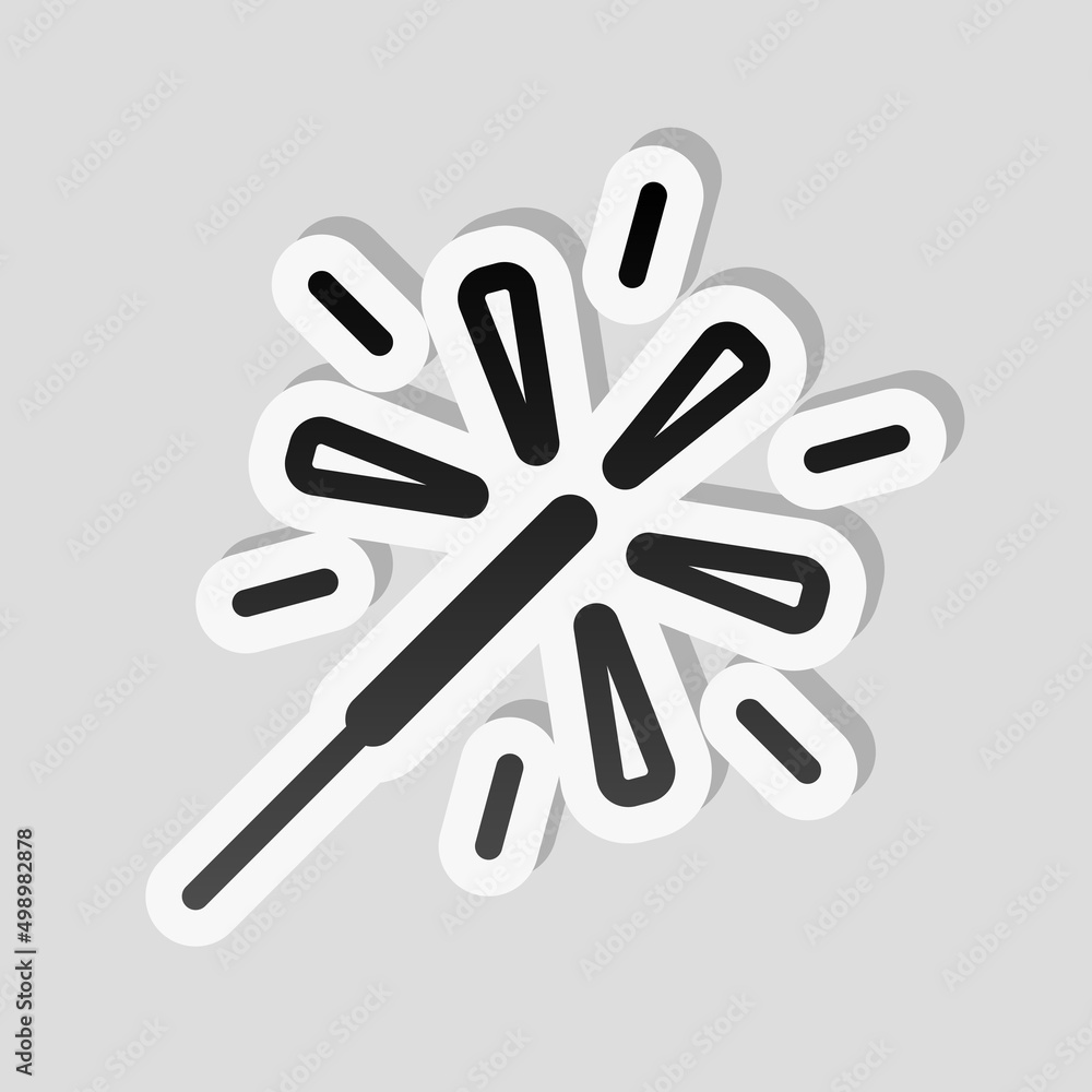 Poster sparkler beam, simple icon of firework. linear sticker, white border and simple shadow on gray backg