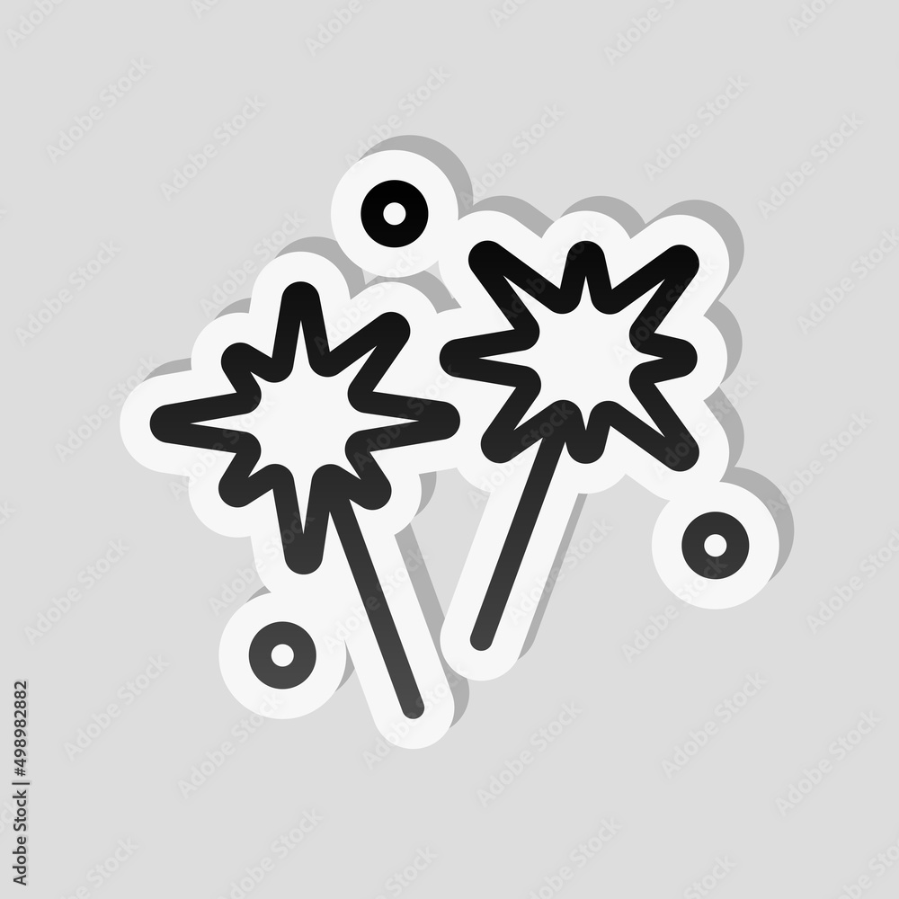 Poster sparkler beam, simple icon of firework. linear sticker, white border and simple shadow on gray backg