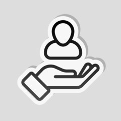 Customer retention, patient assistance, focus on service, business icon. Linear sticker, white border and simple shadow on gray background