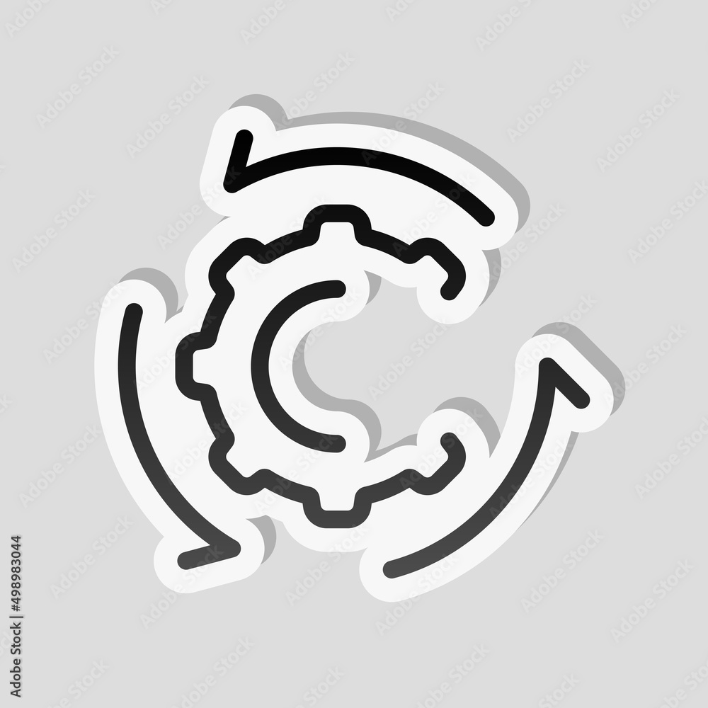 Poster workflow process, gear and arrows, automate business operation. linear sticker, white border and sim