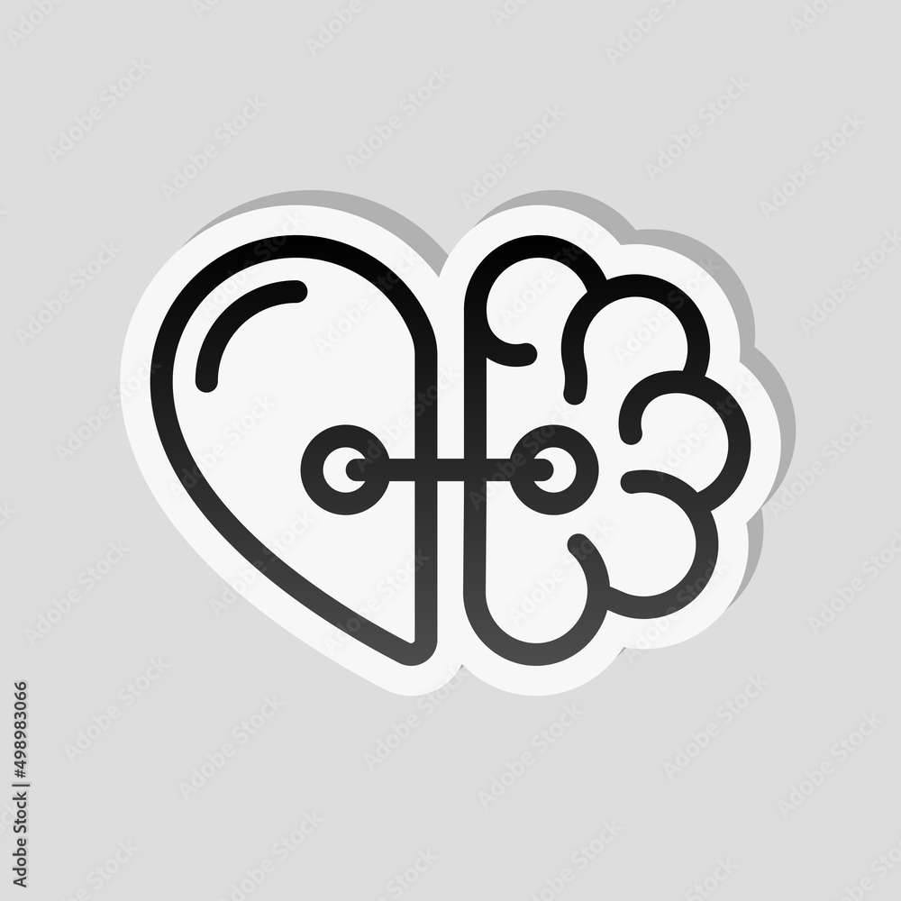 Poster heart and brain, balance between emotion and logic. linear sticker, white border and simple shadow o