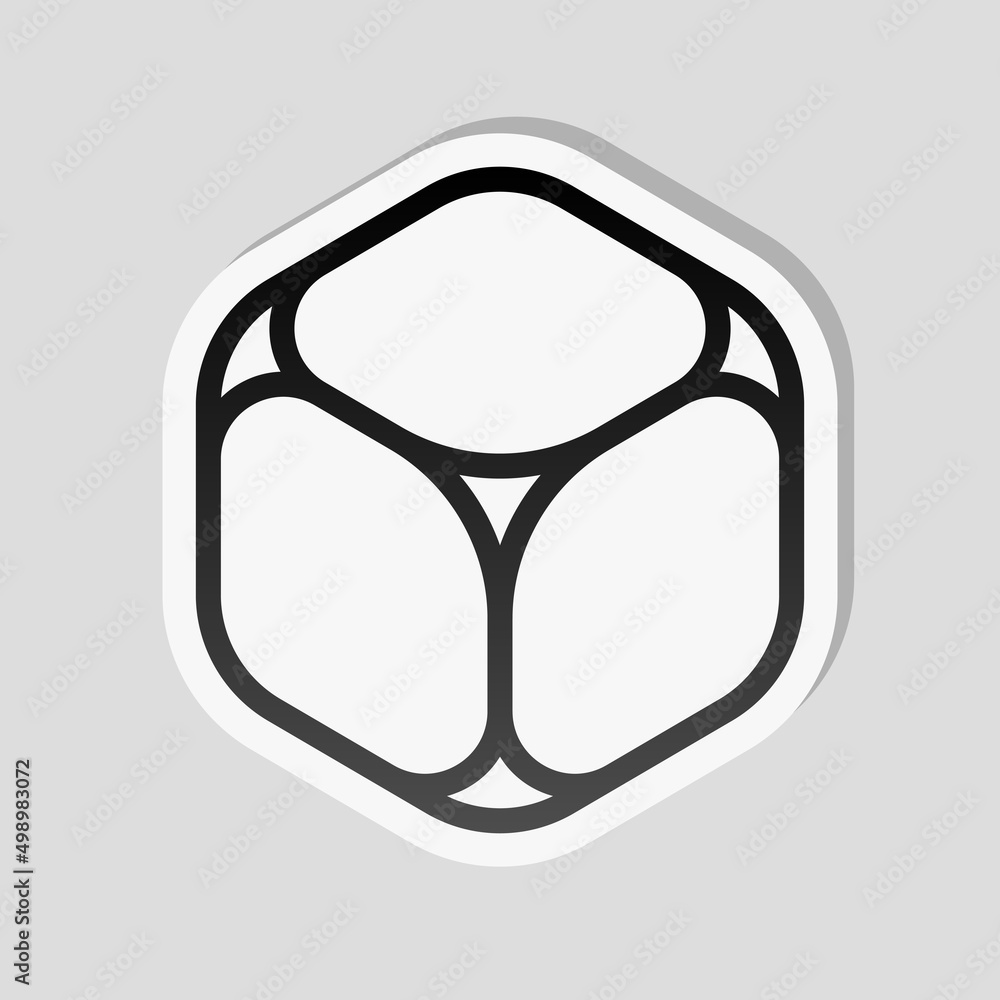 Poster a cube of sugar or ice, simple icon. linear sticker, white border and simple shadow on gray backgrou