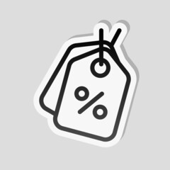 Shopping tag, discount coupon, label with percentage symbol, low price. Linear sticker, white border and simple shadow on gray background