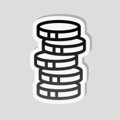 Stack of money coins, dollar or euro, business icon. Linear sticker, white border and simple shadow on gray background