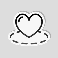 Map and heart, favorite addresses, loved places. Linear sticker, white border and simple shadow on gray background