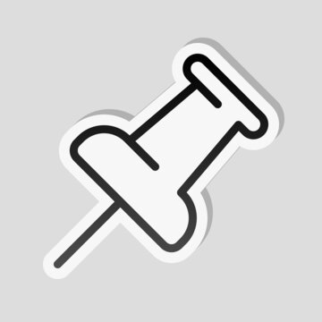 Pushpin Or Thumbtack, Office Push Pin, Simple Icon. Linear Sticker, White Border And Simple Shadow On Gray Background