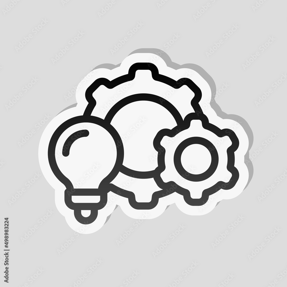 Poster process of implementation, business icon. linear sticker, white border and simple shadow on gray bac