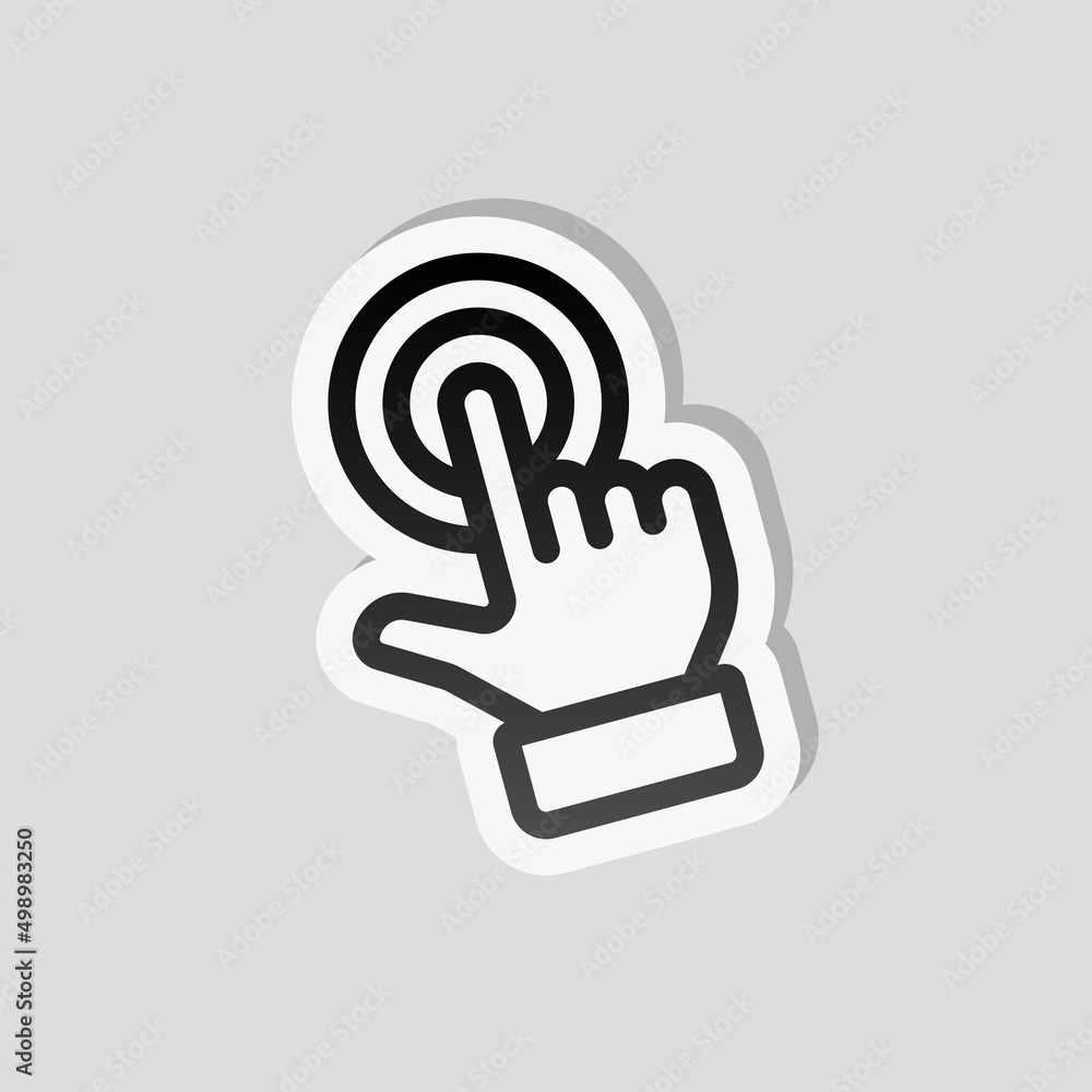 Poster touch action by finger, simple icon. linear sticker, white border and simple shadow on gray backgrou