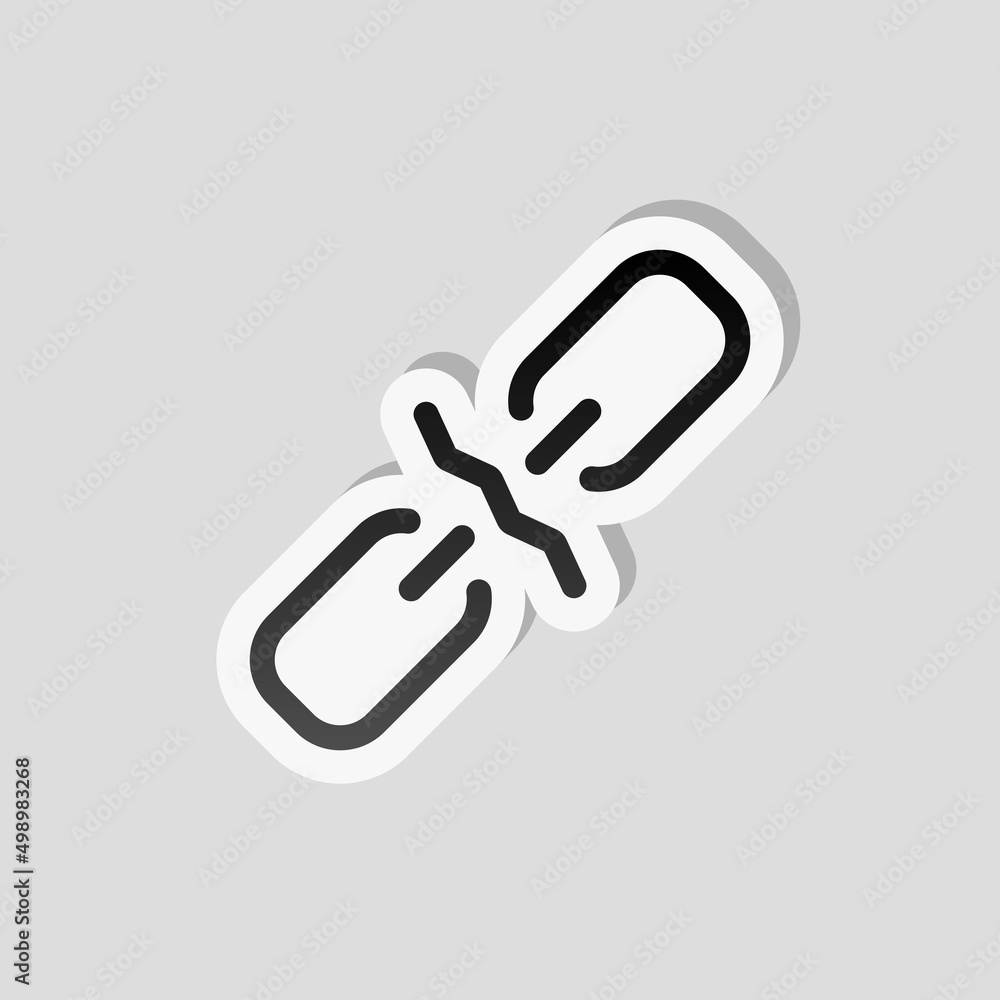Poster broken chain, weak security, simple icon. linear sticker, white border and simple shadow on gray bac