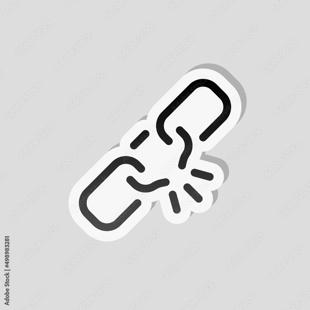 Poster broken chain, weak security, simple icon. linear sticker, white border and simple shadow on gray bac
