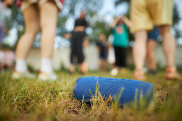 blue bluetooth audio speaker on the grass. A close-up of a blue wireless music speaker standing...
