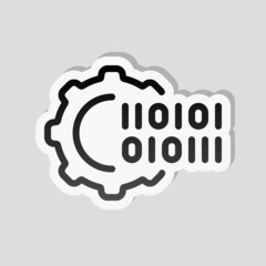 Digital transformation, simple gear, technology icon. Linear sticker, white border and simple shadow on gray background