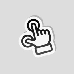 Touch action by finger, simple icon. Linear sticker, white border and simple shadow on gray background