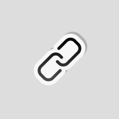 Simple link icon, metal chain, hyperlink symbol. Linear sticker, white border and simple shadow on gray background