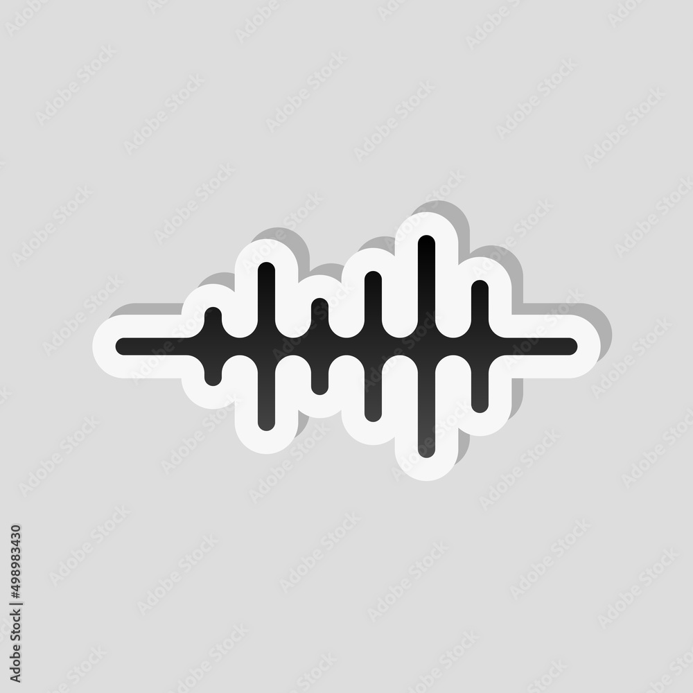 Poster sound wave, simple icon. linear sticker, white border and simple shadow on gray background