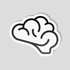 Human brain, creative mind, simple icon. Linear sticker, white border and simple shadow on gray background