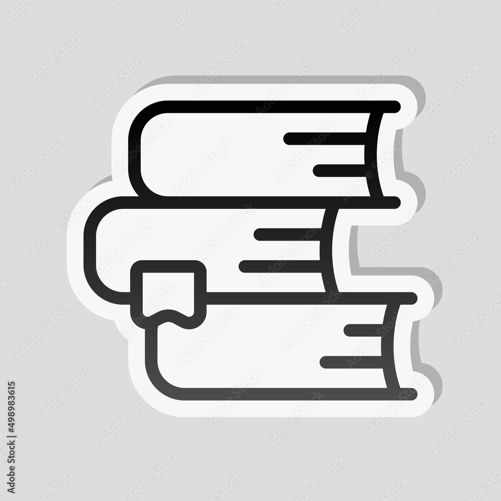 Poster stack of books, library on the shelf, open knowledge, simple icon. linear sticker, white border and 