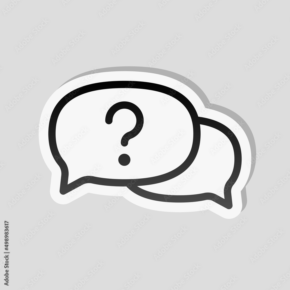 Aufkleber question mark in bubble, simple icon of faq or chat. linear sticker, white border and simple shadow 