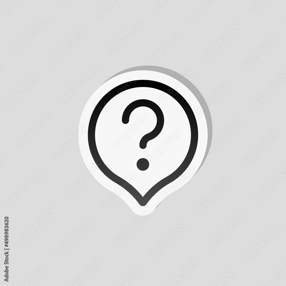 Poster question mark in bubble, simple icon of faq or chat. linear sticker, white border and simple shadow 
