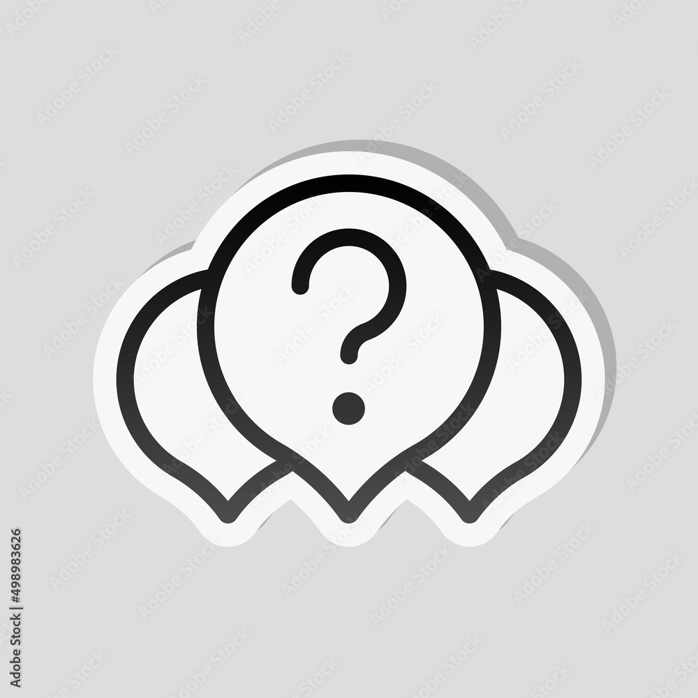 Aufkleber question mark in bubble, simple icon of faq or chat. linear sticker, white border and simple shadow 