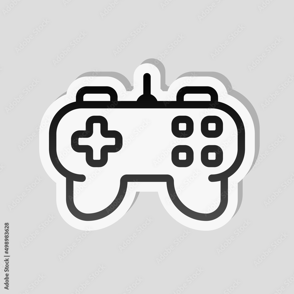 Poster joystick of video console, game controller, simple icon. linear sticker, white border and simple sha