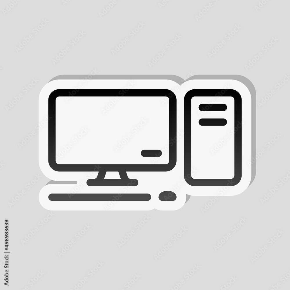 Poster desktop computer, simple icon. linear sticker, white border and simple shadow on gray background