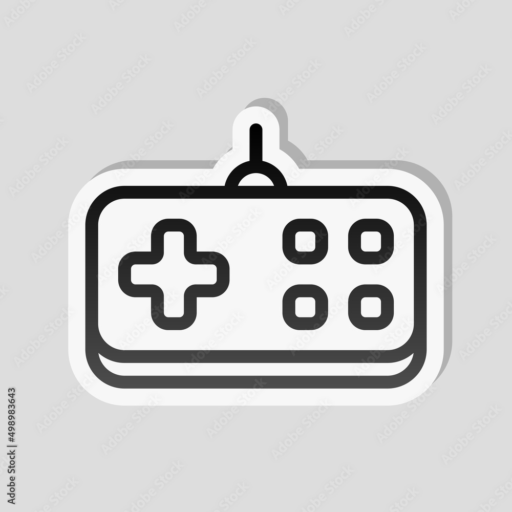 Poster joystick of video console, game controller, simple icon. linear sticker, white border and simple sha