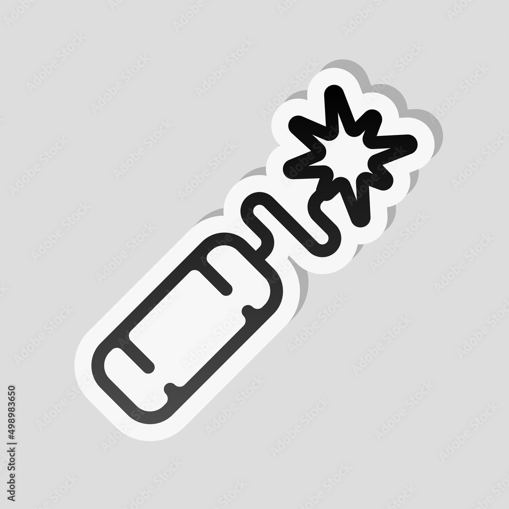 Poster dynamite with fuse, simple icon. linear sticker, white border and simple shadow on gray background