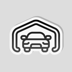 Garage near home for own car, simple icon. Linear sticker, white border and simple shadow on gray background