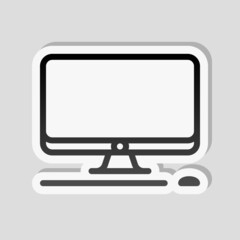 Desktop computer, simple icon. Linear sticker, white border and simple shadow on gray background