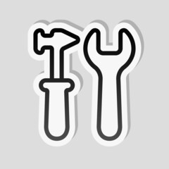Service tools, wrench and screwdriver, repair instruments, simple icon. Linear sticker, white border and simple shadow on gray background