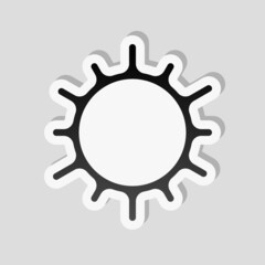 Bright sun, sunny weather, simple icon. Linear sticker, white border and simple shadow on gray background
