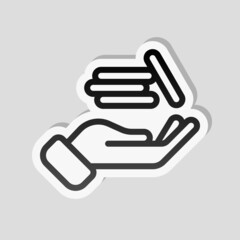 Hand and money, giving a cash, simple icon. Linear sticker, white border and simple shadow on gray background