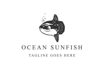 Swimming Ocean Sun Fish with Water Bubble Logo Design Vector - obrazy, fototapety, plakaty