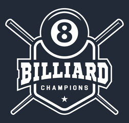 Billiards logo in flat style. Billiard cue and ball with number eight, sports equipment. Sport games. Emblem, badge. Vector illustration.